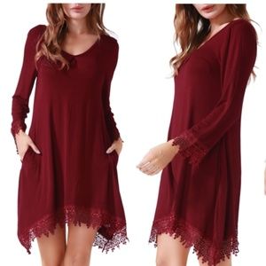 🌺Red Casual Long Sleeve Tunic Lace Dress